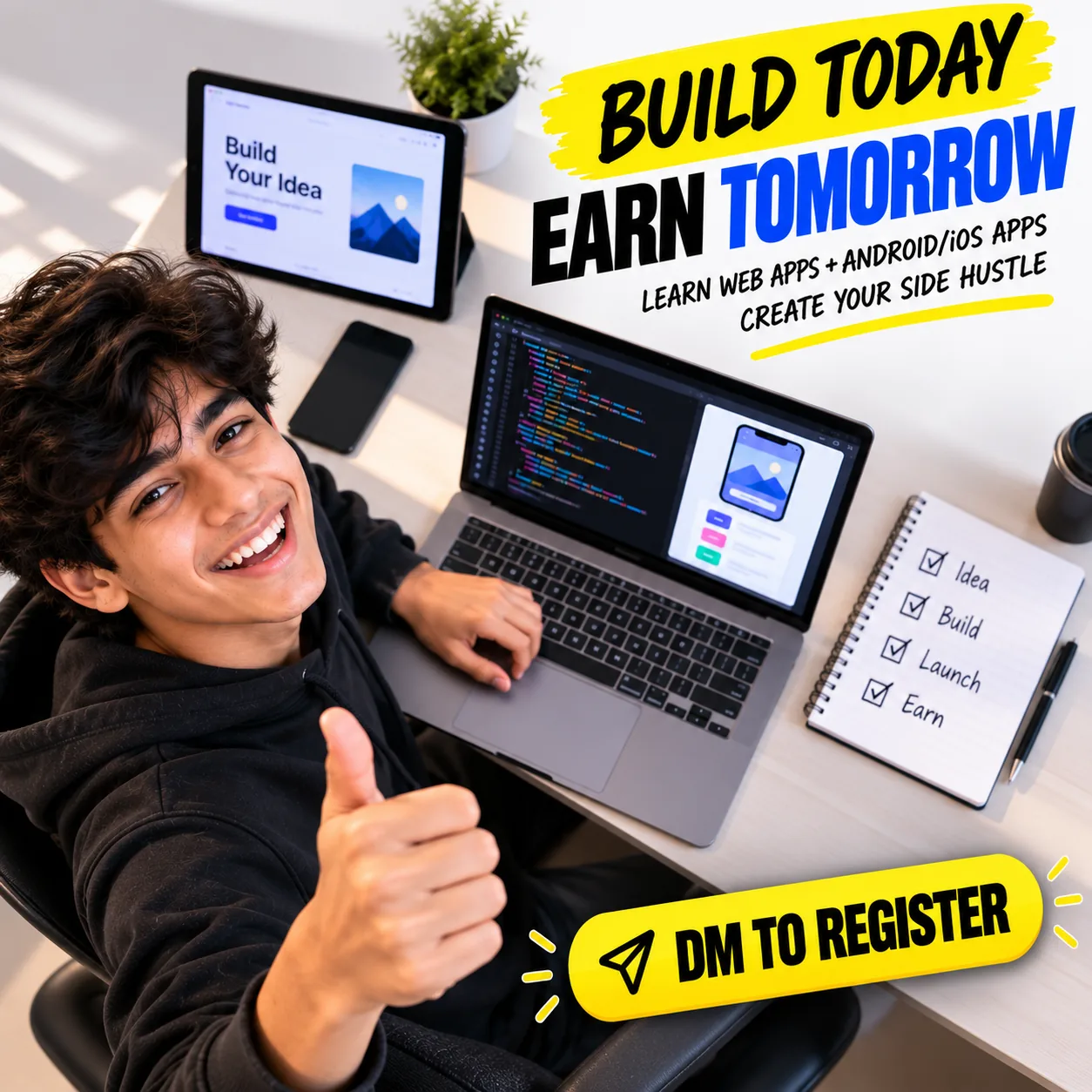 A square social ad made with GrabPrompts about building an app today and earning tomorrow.