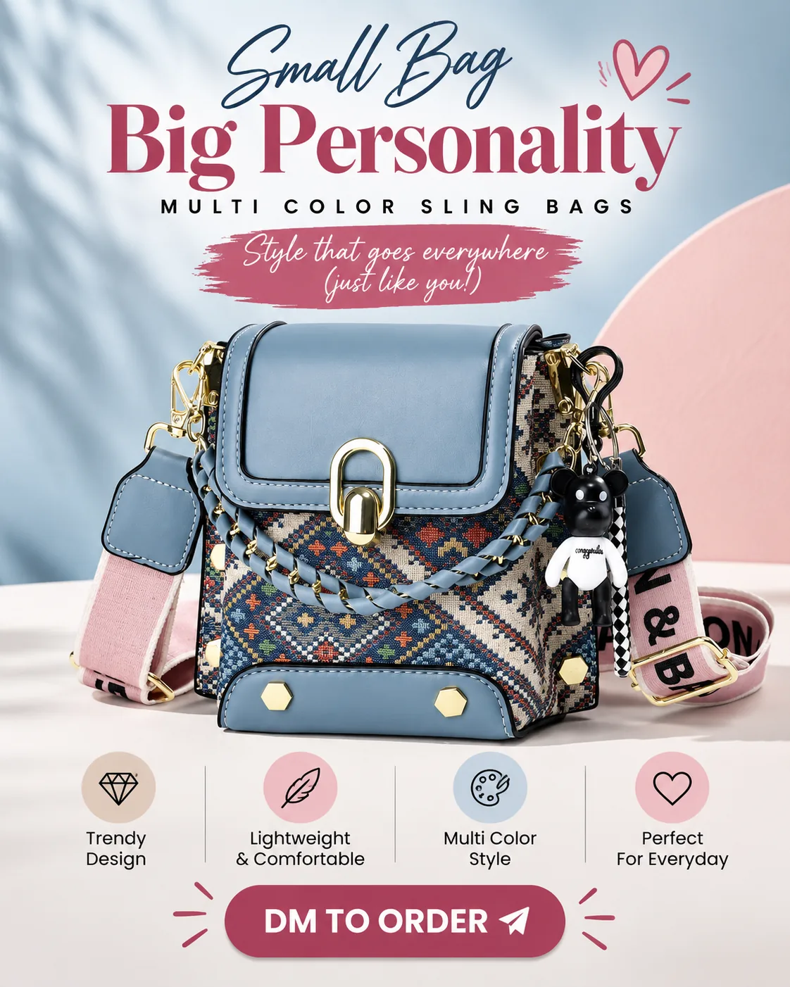 A vertical social ad made with GrabPrompts for multi-colour sling bags.