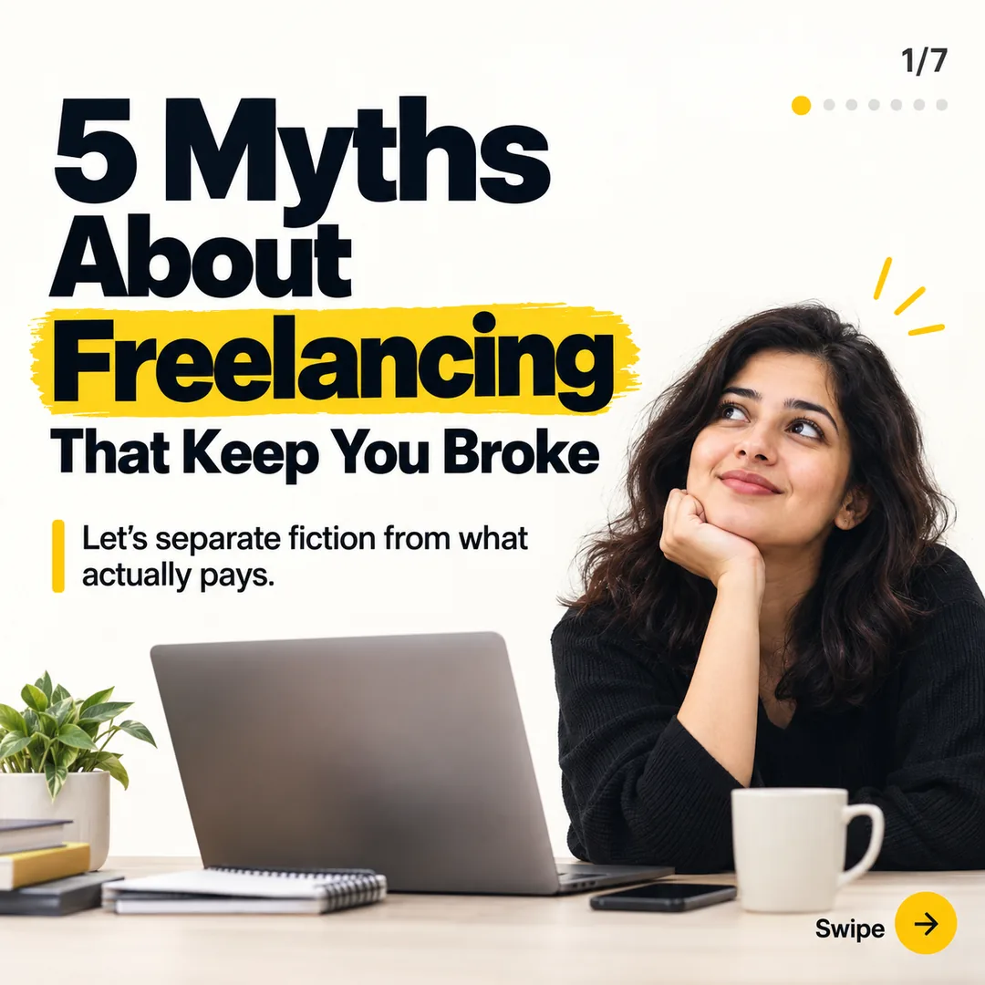 A square carousel cover slide made with the pack, marked "1/7" with a swipe arrow, reading "5 Myths About Freelancing That Keep You Broke" over a yellow highlight.