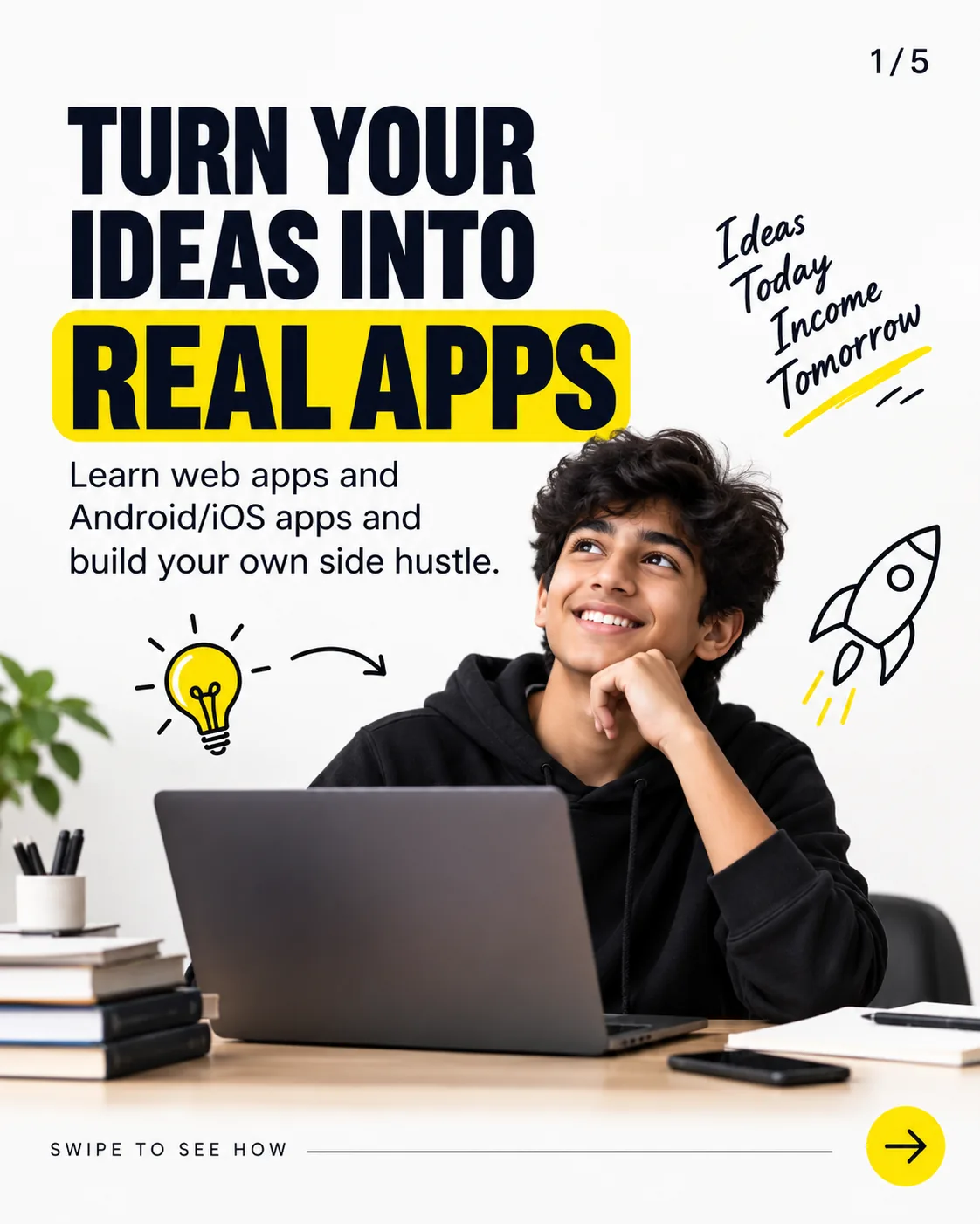 A LinkedIn carousel cover slide made with GrabPrompts — "Turn your ideas into real apps", numbered 1/5 with a swipe cue.