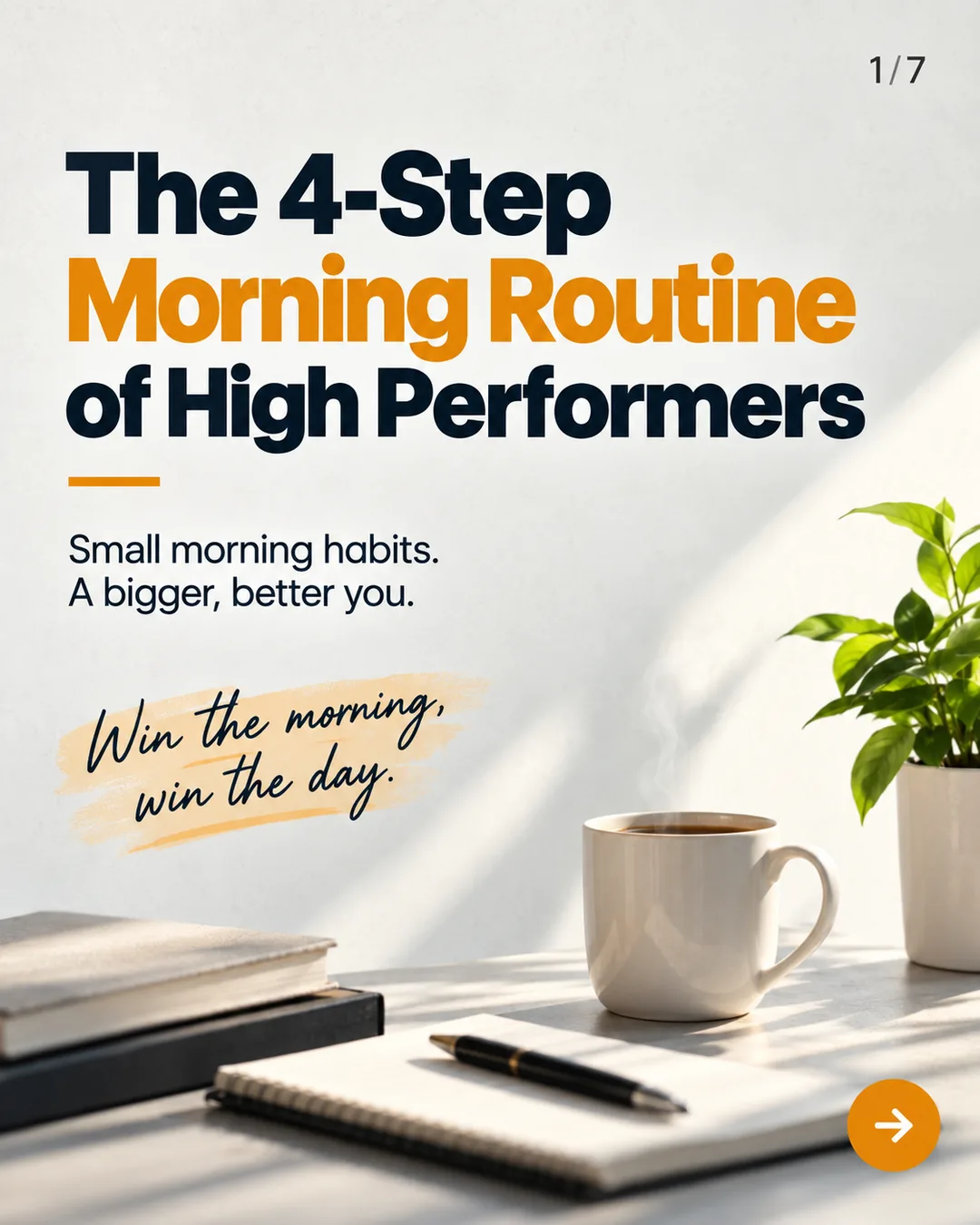 A vertical carousel cover slide made with the pack, marked "1/7" with a swipe arrow, reading "The 4-Step Morning Routine of High Performers" beside a coffee cup.