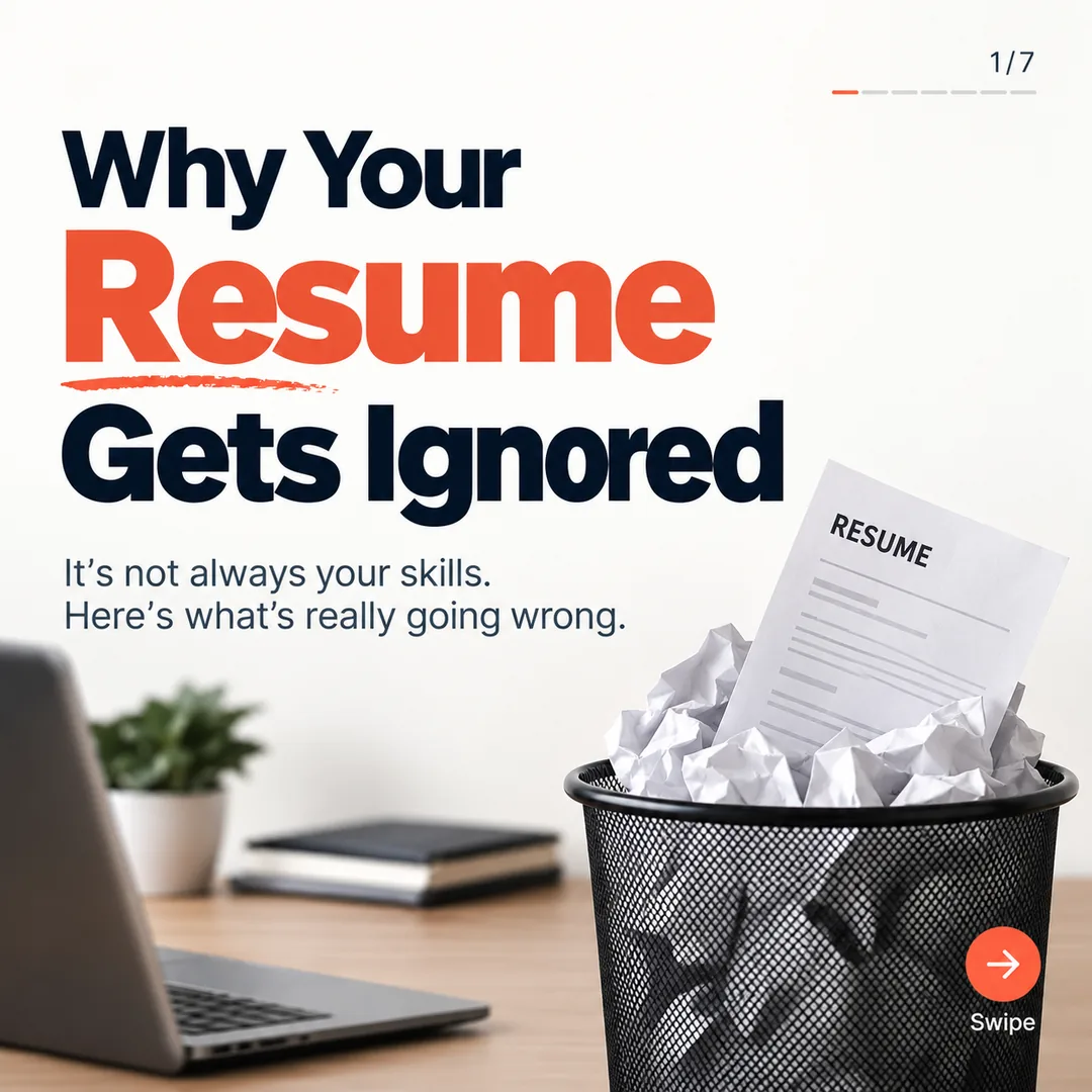A square carousel cover slide made with the pack, marked "1/7" with a swipe arrow, reading "Why Your Resume Gets Ignored" beside a paper in a wastebasket.