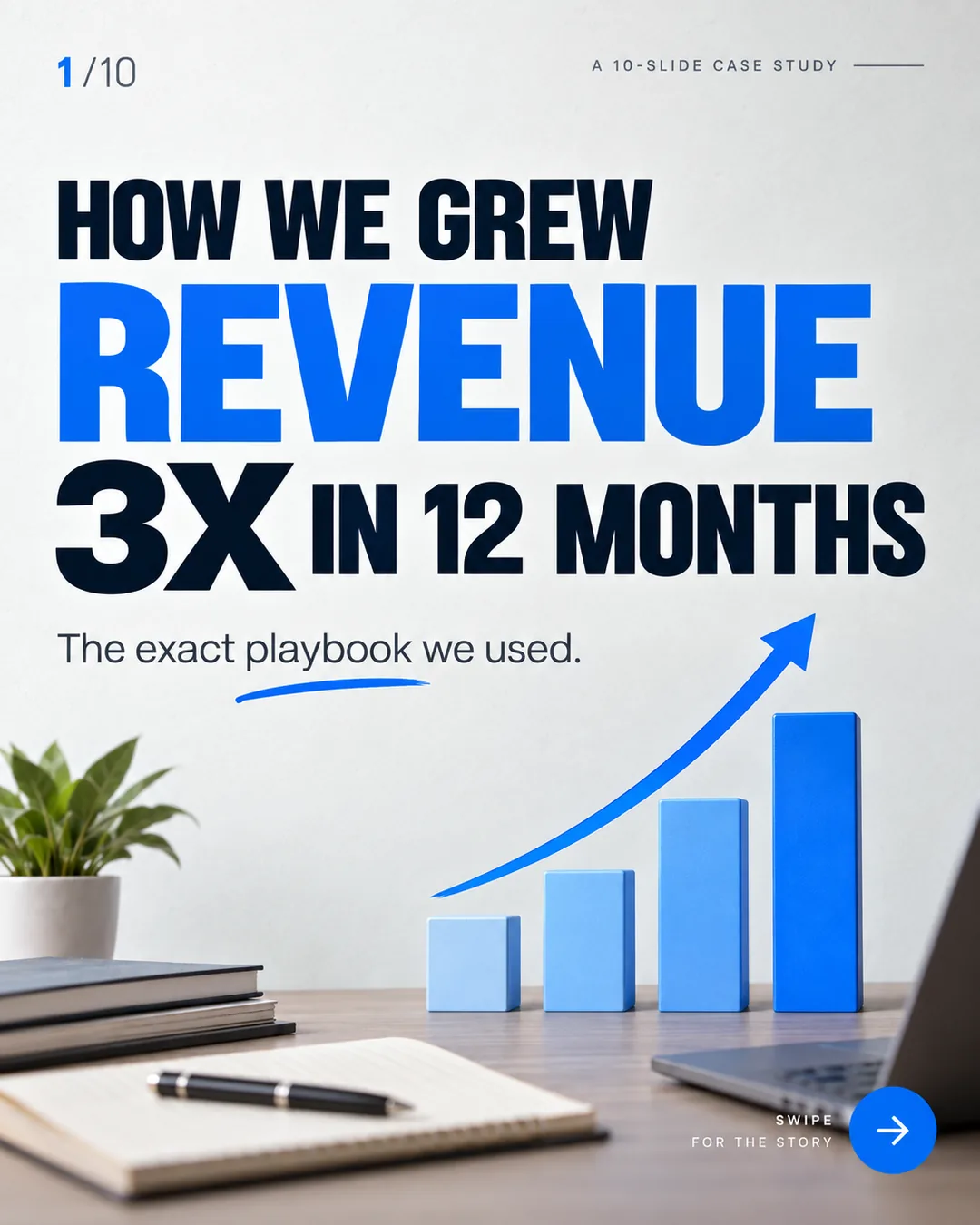 A vertical carousel cover slide made with the pack, marked "1/10" with a "swipe for the story" arrow, reading "How we grew revenue 3x in 12 months" above a rising bar chart.