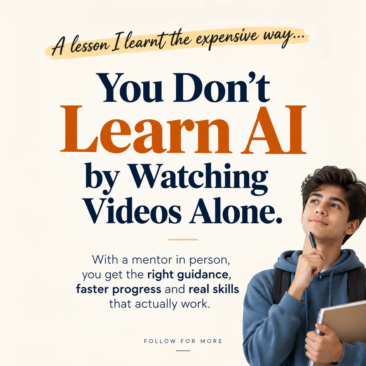 A square LinkedIn post made with GrabPrompts on why watching videos alone does not teach AI.