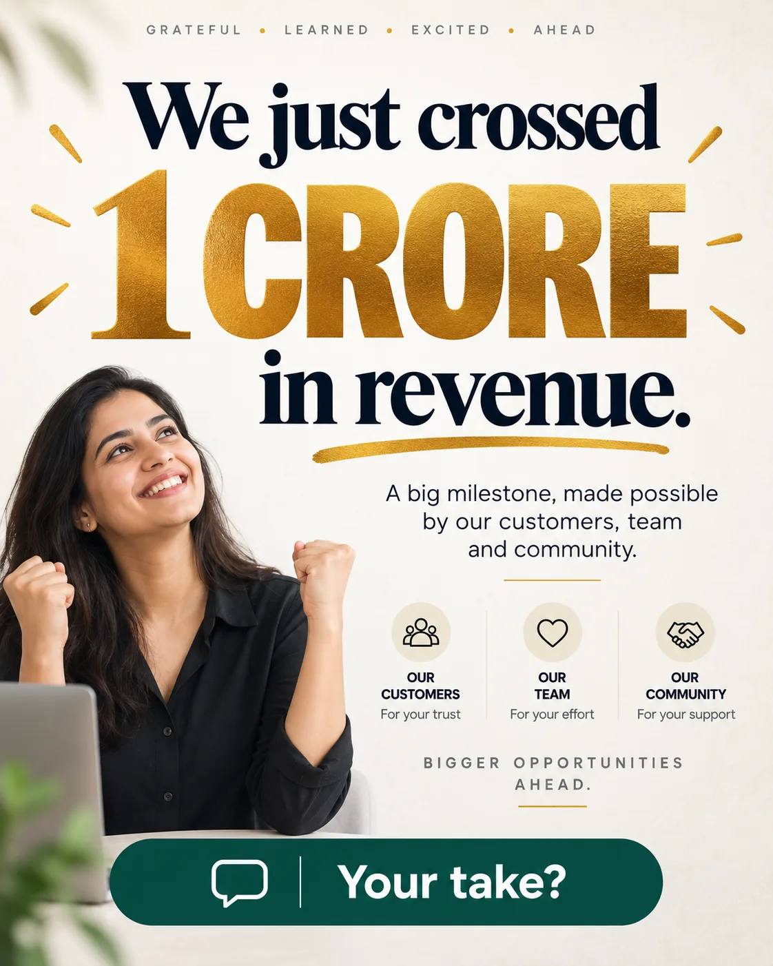 A portrait LinkedIn post made with the pack announcing a company crossing one crore in revenue, thanking customers, team and community.