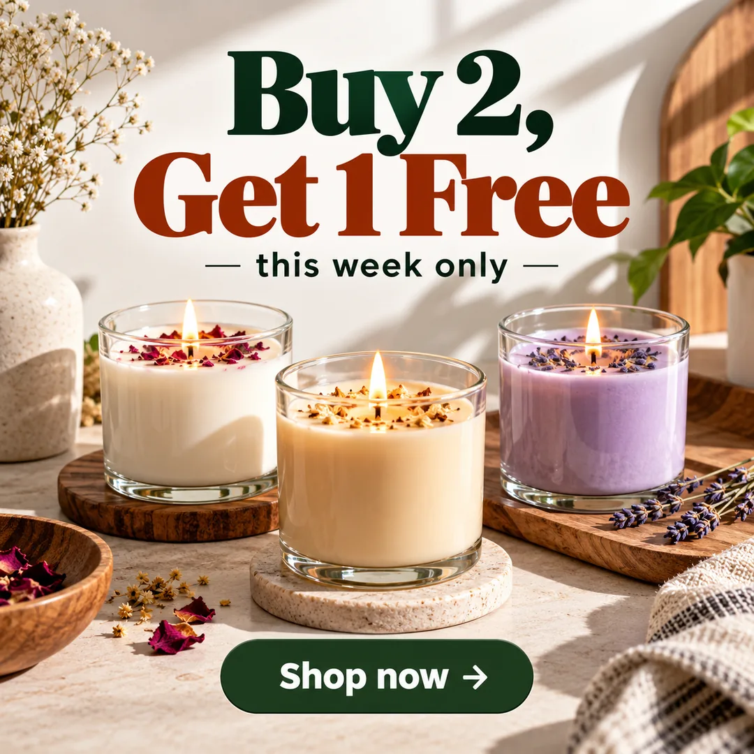 A square social ad made with GrabPrompts: three lit candles under "Buy 2, Get 1 Free — this week only", with a dark green "Shop now" button.
