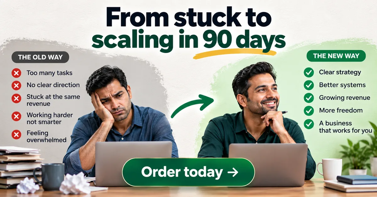 A landscape social ad made with the pack reading "From stuck to scaling in 90 days", with two checklists either side of a green "Order today" button.