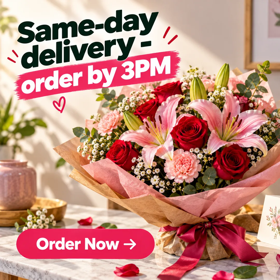 A square social ad made with the pack reading "Same-day delivery - order by 3PM", over a bouquet of roses and lilies, with a pink "Order Now" button.