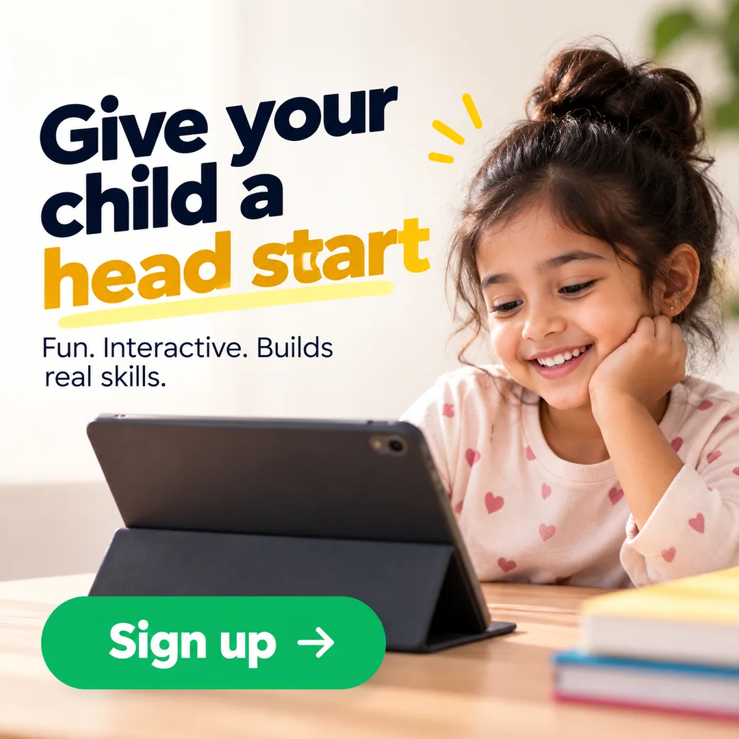 A square social ad made with the pack reading "Give your child a head start", beside a smiling child at a tablet, with a green "Sign up" button.