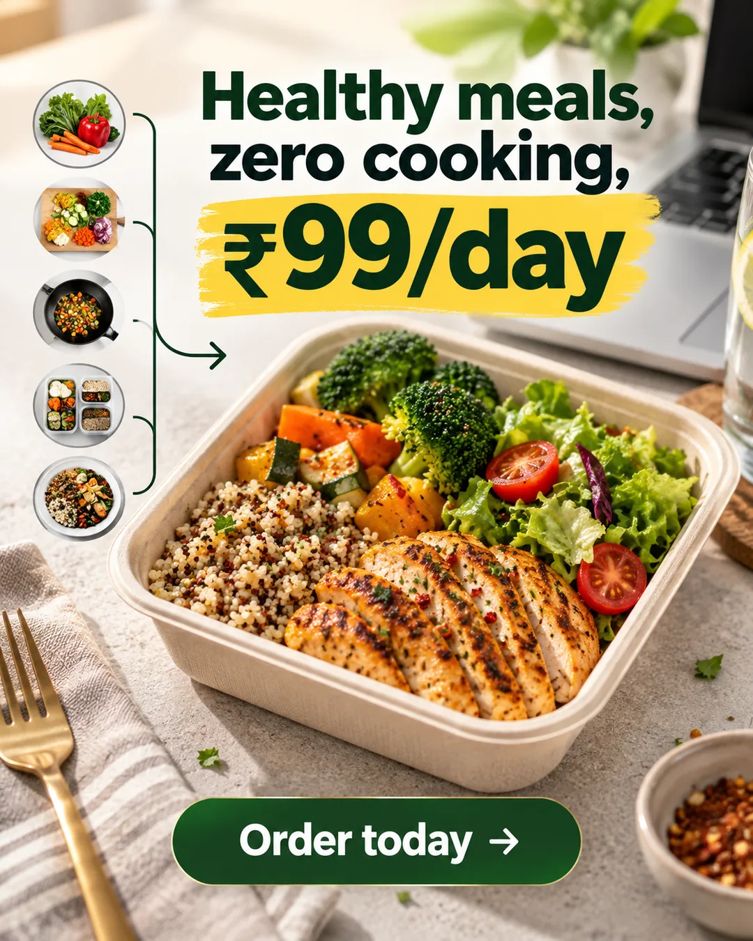 A vertical social ad made with the pack reading "Healthy meals, zero cooking", with a day-rate price highlighted in yellow over a packed salad bowl, and a green "Order today" button.
