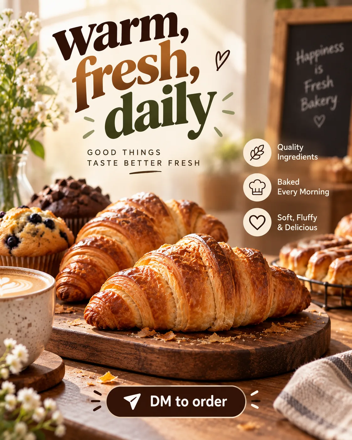 An Instagram post made with the pack for a bakery, reading "Warm, fresh, daily" over croissants, with a DM call to action.