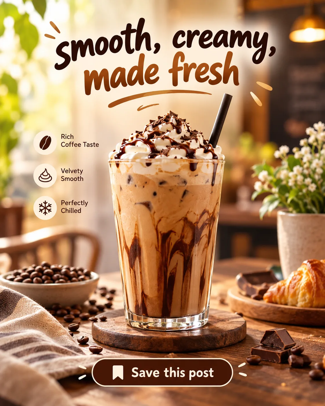 An Instagram post created with GrabPrompts for a café, reading "Smooth, creamy, made fresh" over an iced coffee.