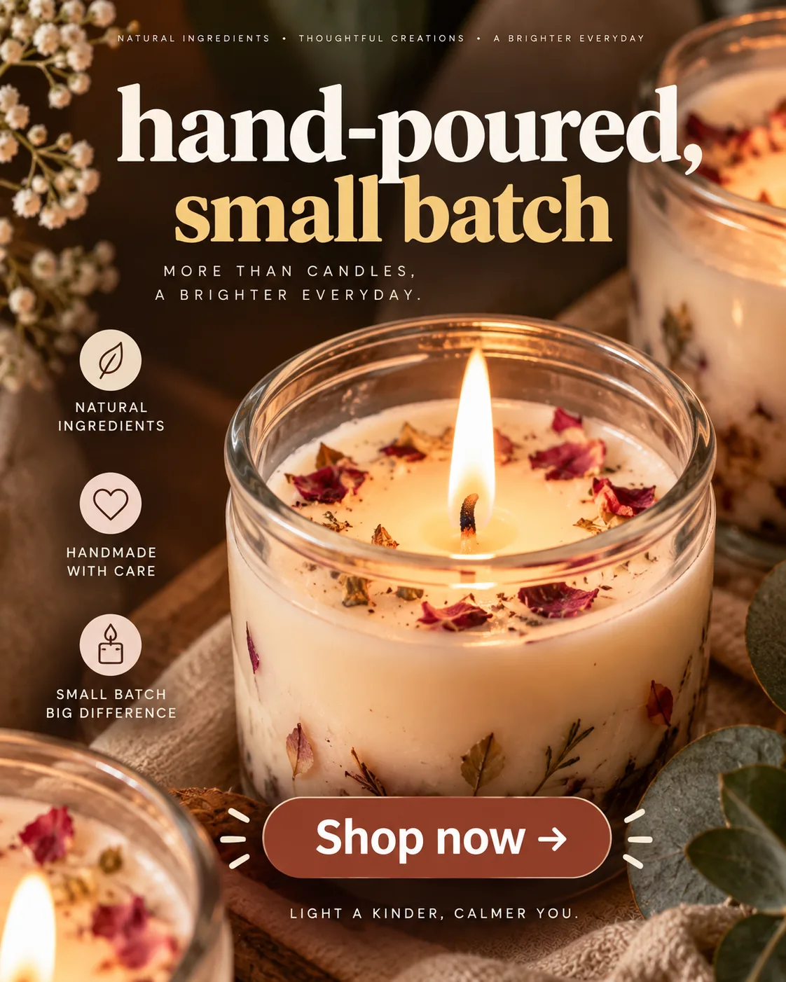 A social post made with GrabPrompts about hand-poured candles, with a shop call to action.