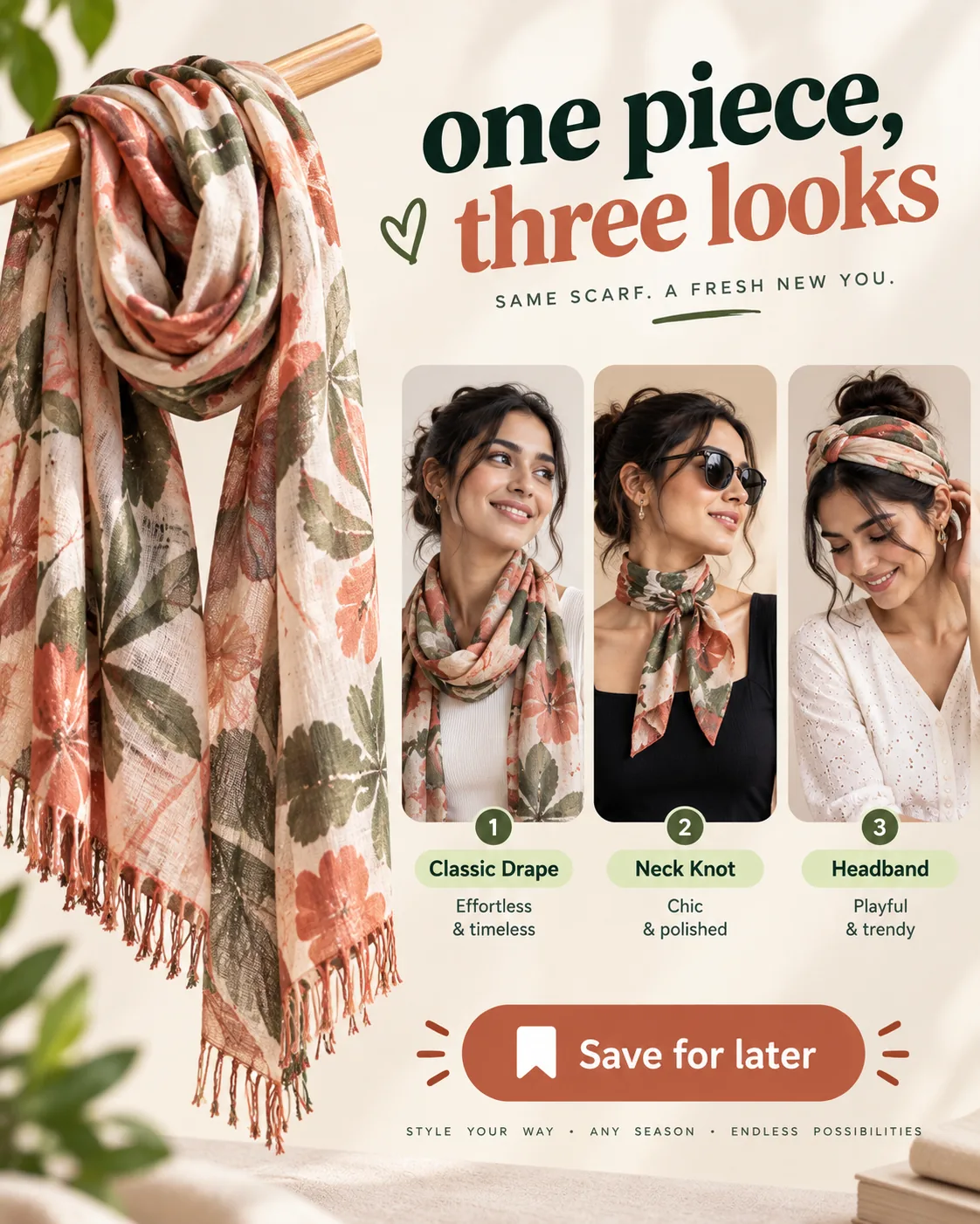 An Instagram post made with the pack for a clothing brand, showing one printed scarf styled three different ways.