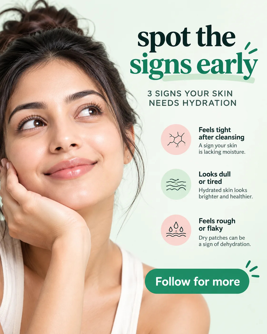 An Instagram post made with the pack for a skincare brand, listing three signs that skin needs hydration.