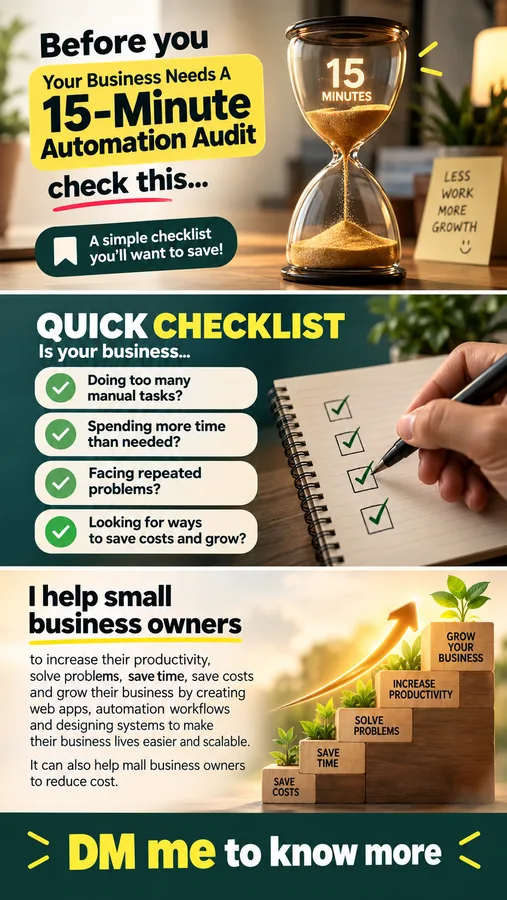 A three-frame WhatsApp Status made with the pack for a business automation consultant, built around a short checklist.