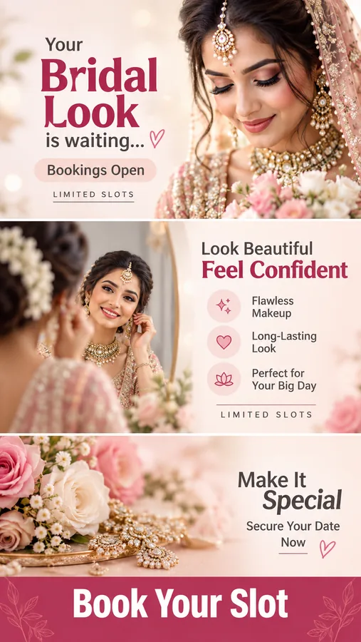 A three-frame WhatsApp Status made with the pack for a bridal makeup artist, opening on "Your bridal look is waiting" and closing on a booking call to action.