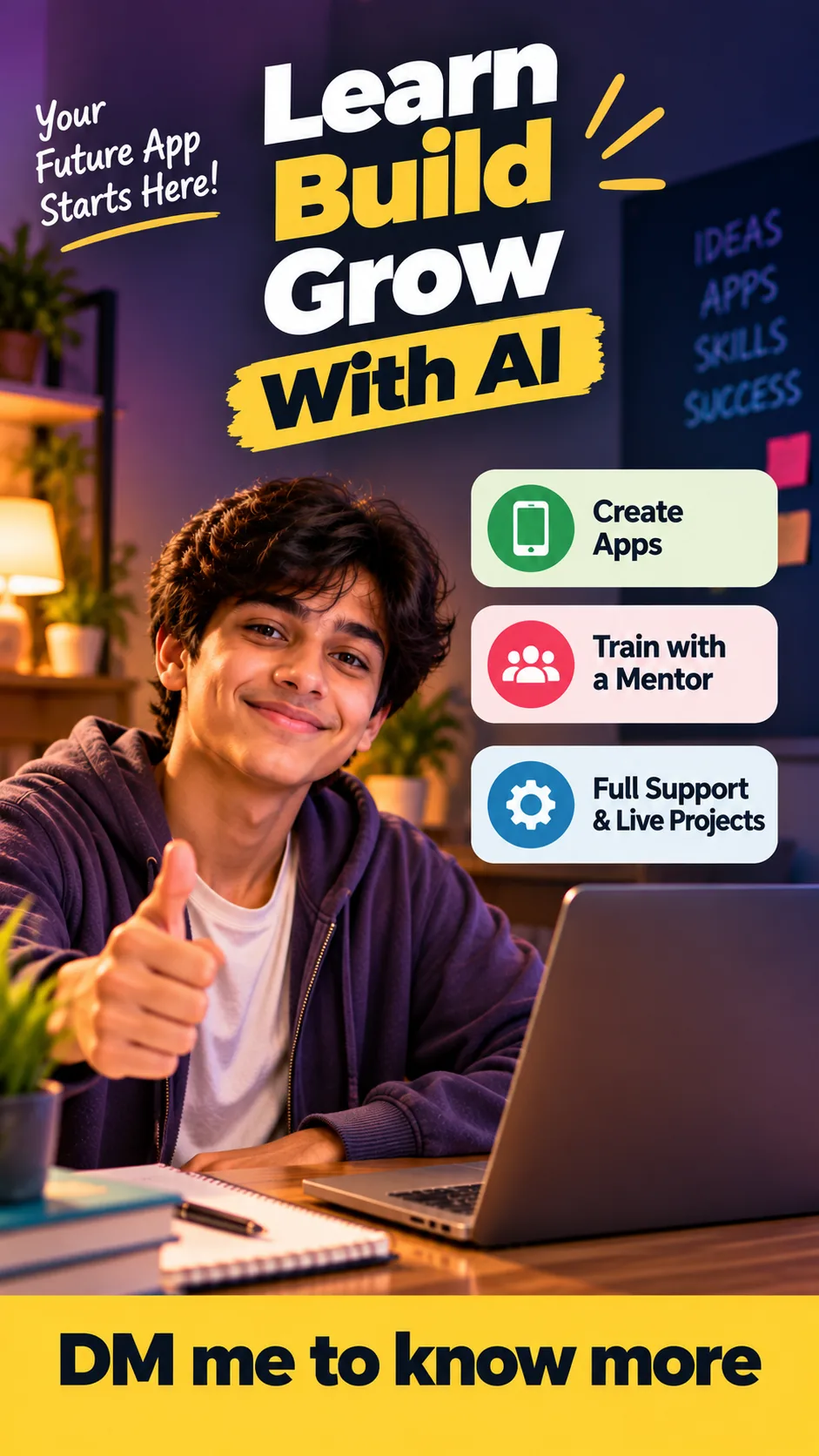 A WhatsApp status made with GrabPrompts about learning to build apps with AI.