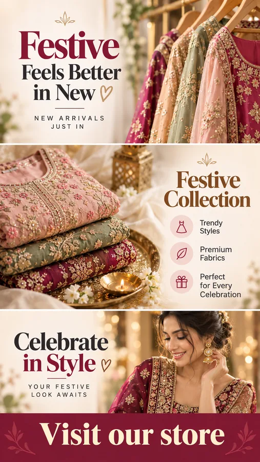 A three-frame WhatsApp Status made with the pack for a festive clothing boutique, running from new arrivals through the collection to a store visit.