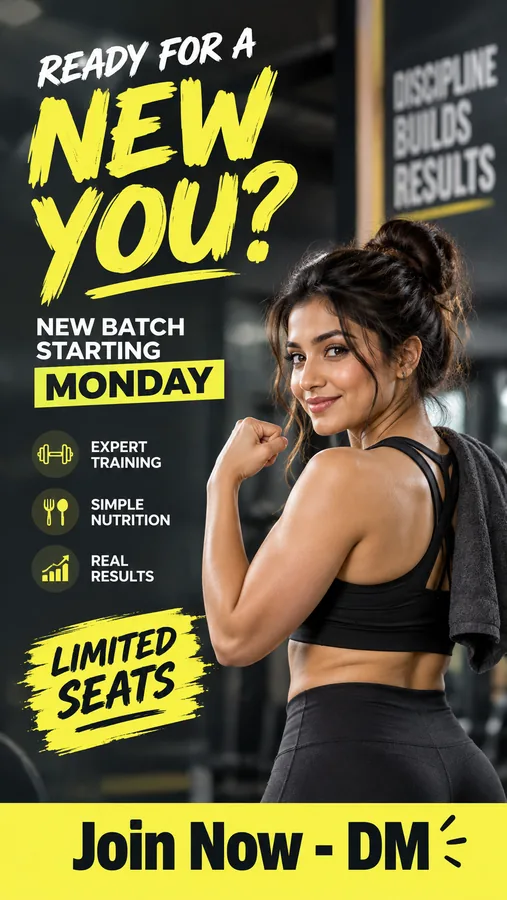 A WhatsApp Status made with the pack for a gym, reading "Ready for a new you?" with a new batch starting Monday.