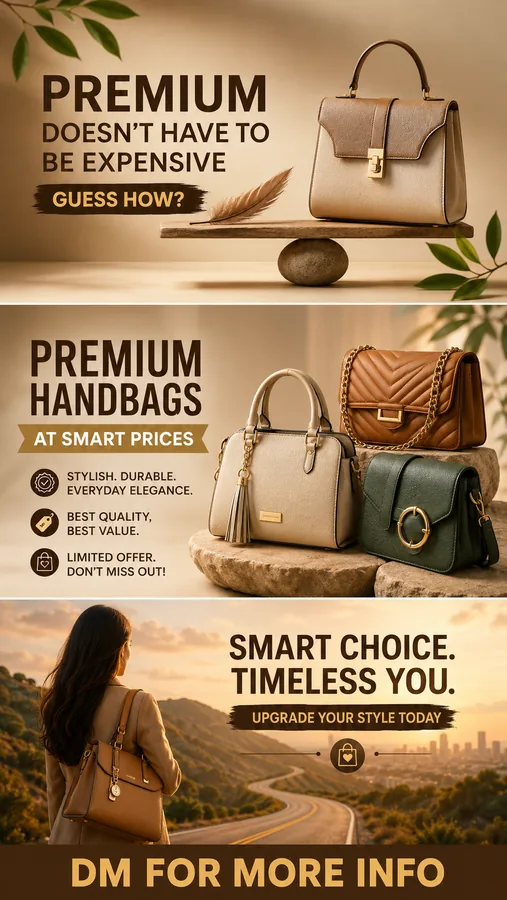A three-frame WhatsApp Status made with the pack for a handbag seller, opening on a hook, showing the range, then closing on a call to action.