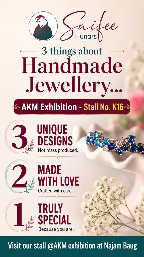 A WhatsApp Status made with the pack for a handmade jewellery brand, listing three reasons to visit its exhibition stall.
