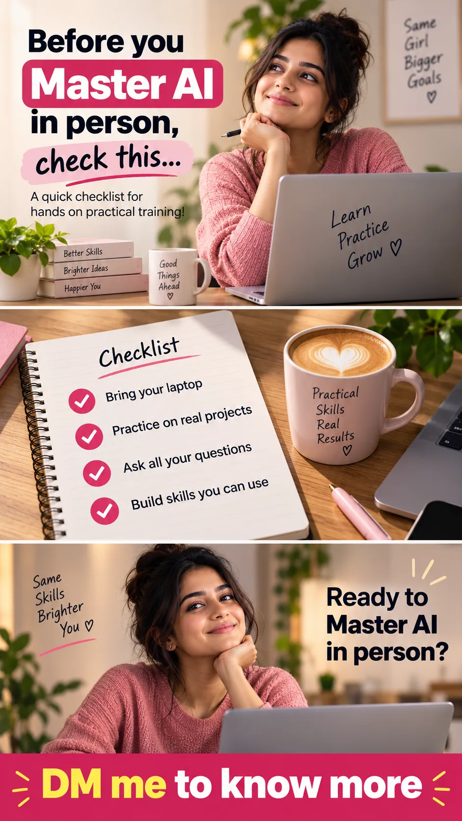 A three-frame WhatsApp status made with GrabPrompts about learning AI in person, with a checklist.