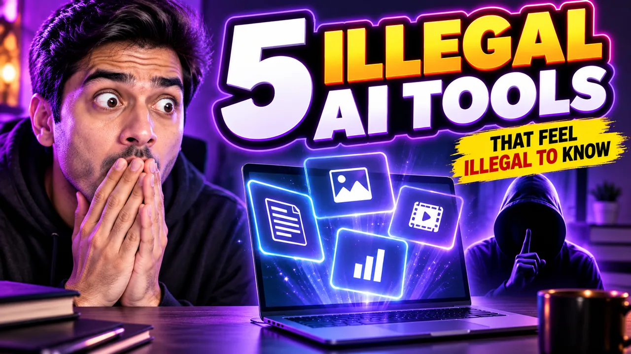 A YouTube thumbnail made with the pack for a tech channel, reading "5 Illegal AI Tools" over a glowing laptop.