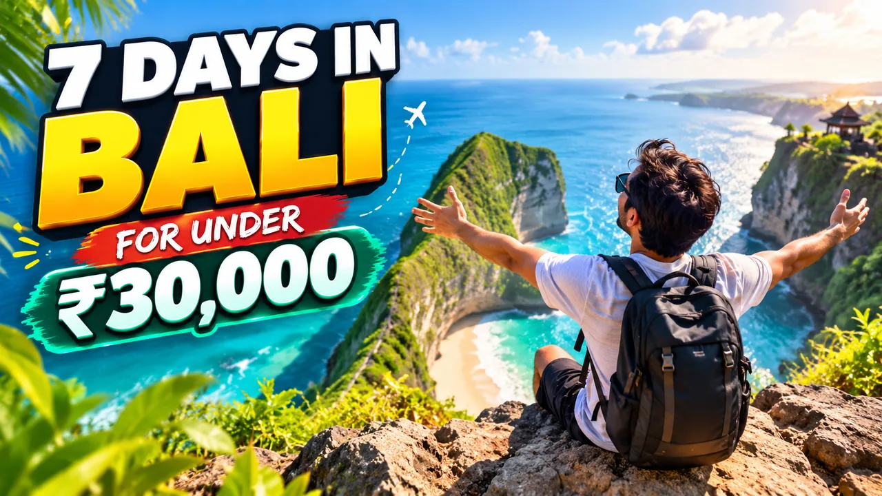 A YouTube thumbnail made with the pack for a travel channel, reading "7 Days in Bali for under ₹30,000" over a clifftop view.