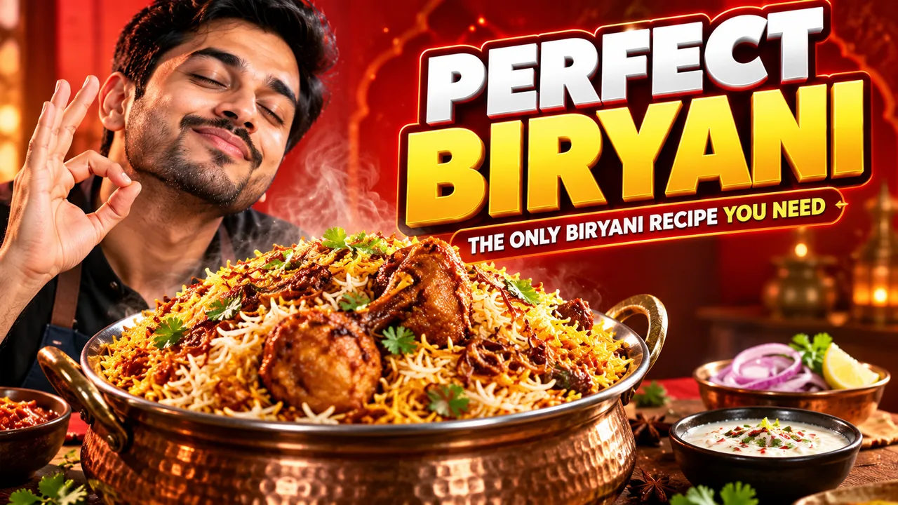 A YouTube thumbnail made with the pack for a food channel, reading "Perfect Biryani" over a finished dish.