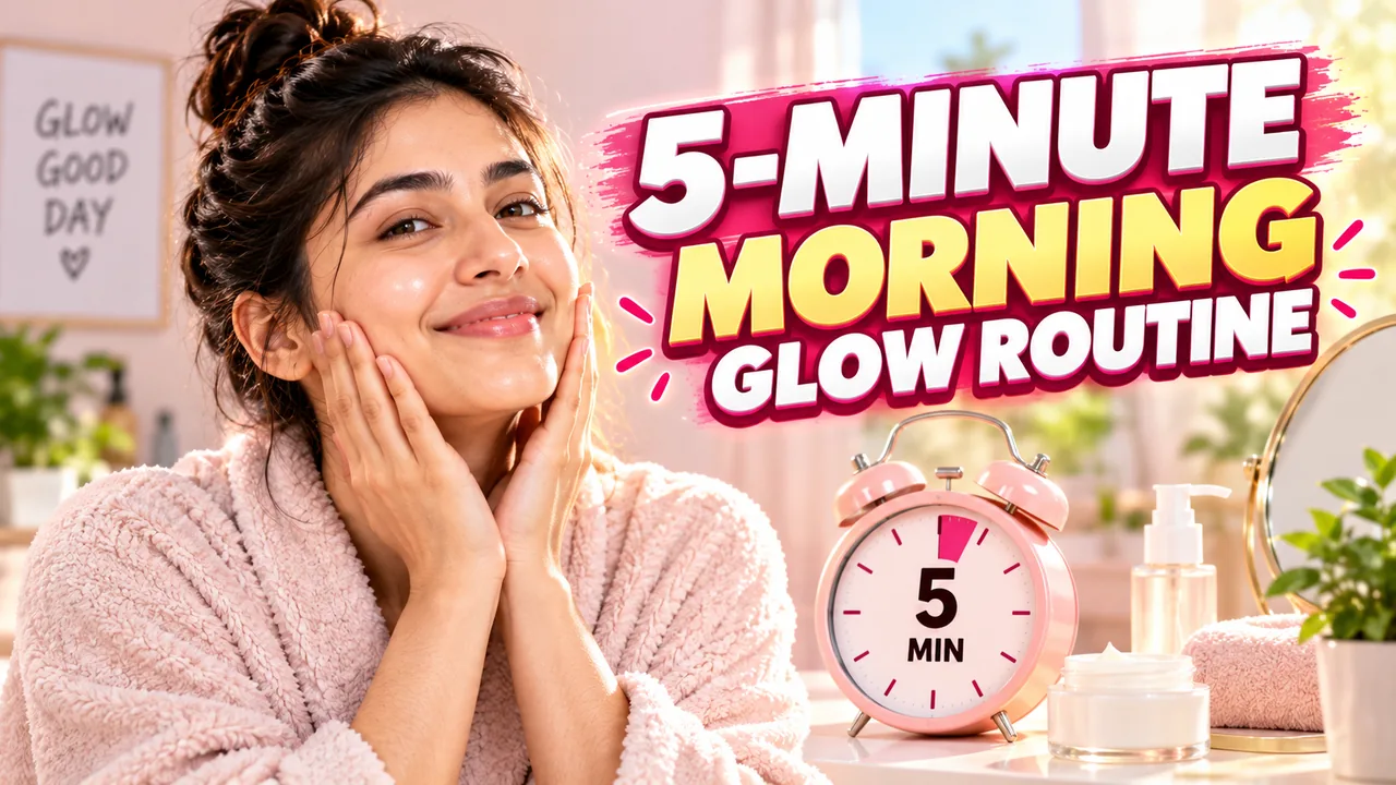 A YouTube thumbnail created with GrabPrompts — a beauty channel's '5-Minute Morning Glow Routine'.