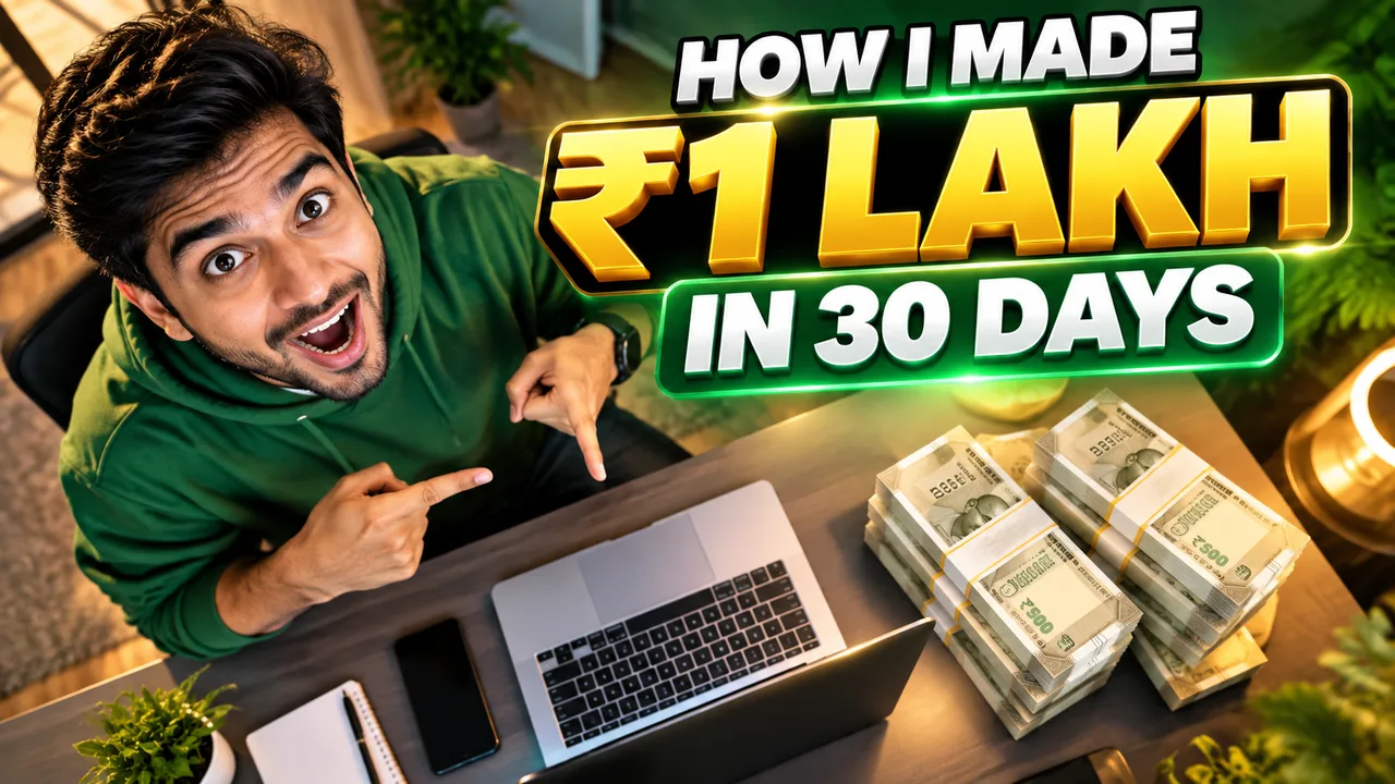 A YouTube thumbnail created with GrabPrompts — 'How I Made ₹1 Lakh in 30 Days'.
