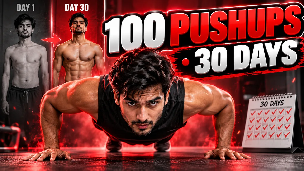 A YouTube thumbnail made with the pack for a fitness channel, reading "100 Pushups, 30 Days" with a before-and-after inset.
