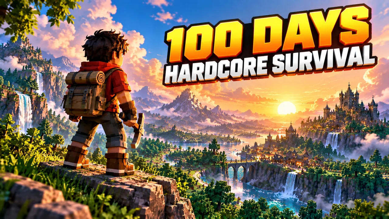 A YouTube thumbnail made with the pack for a gaming channel, reading "100 Days Hardcore Survival" over a voxel landscape at sunset.