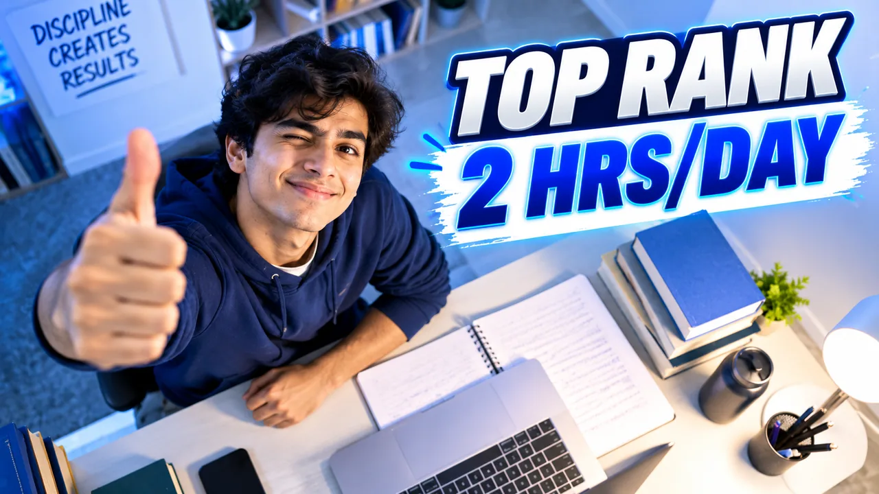 A YouTube thumbnail made with the pack for a study channel, reading "Top Rank, 2 hrs/day" over a tidy desk.