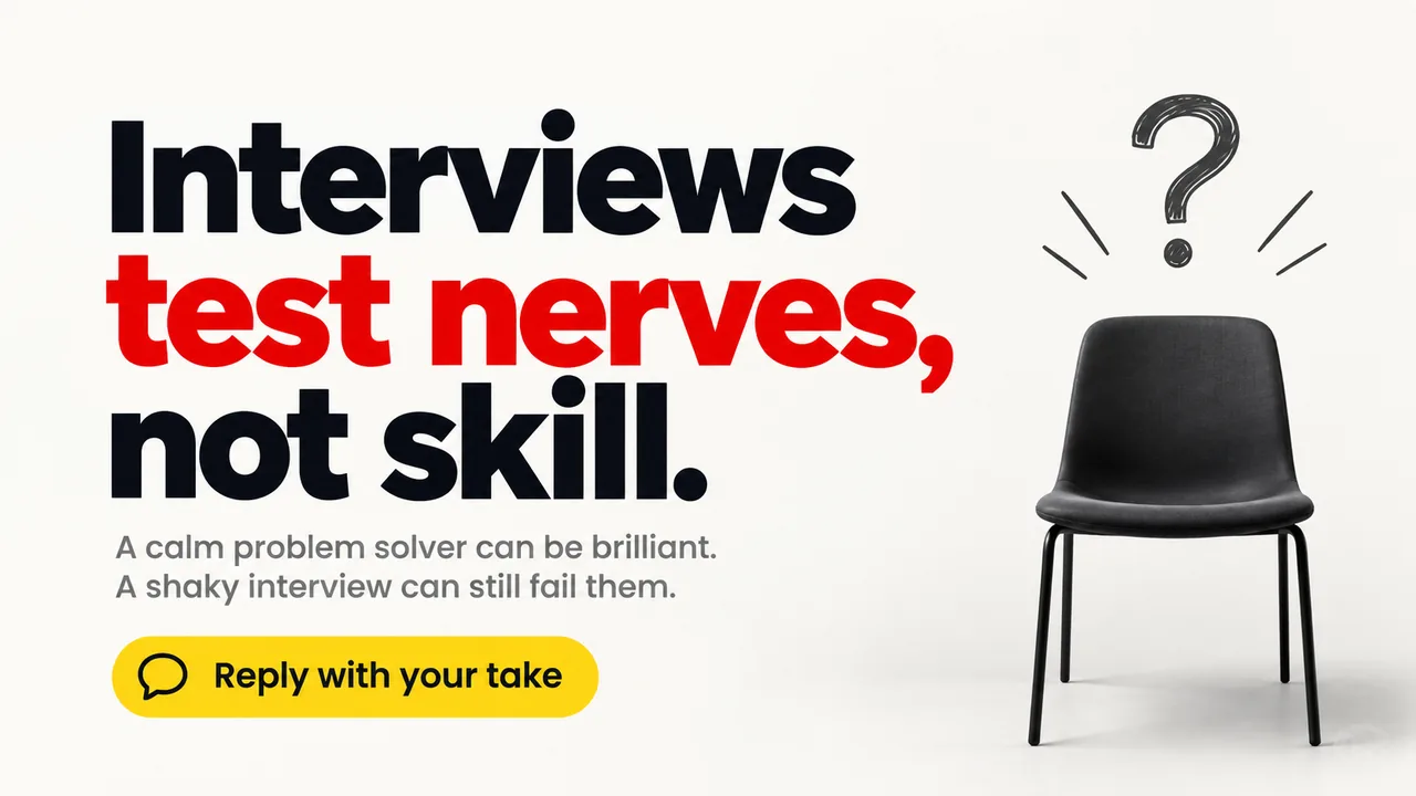 An X post made with the pack reading "Interviews test nerves, not skill.", beside an empty chair.