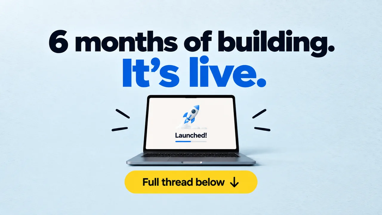 An X post made with the pack reading "6 months of building. It’s live.", over a laptop showing a launch screen.