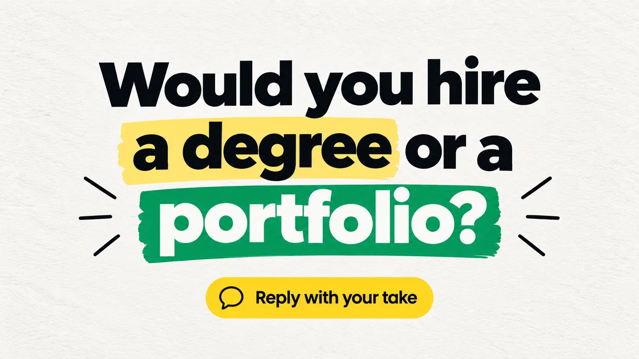 An X post made with the pack asking "Would you hire a degree or a portfolio?", with marker-stroke highlights.