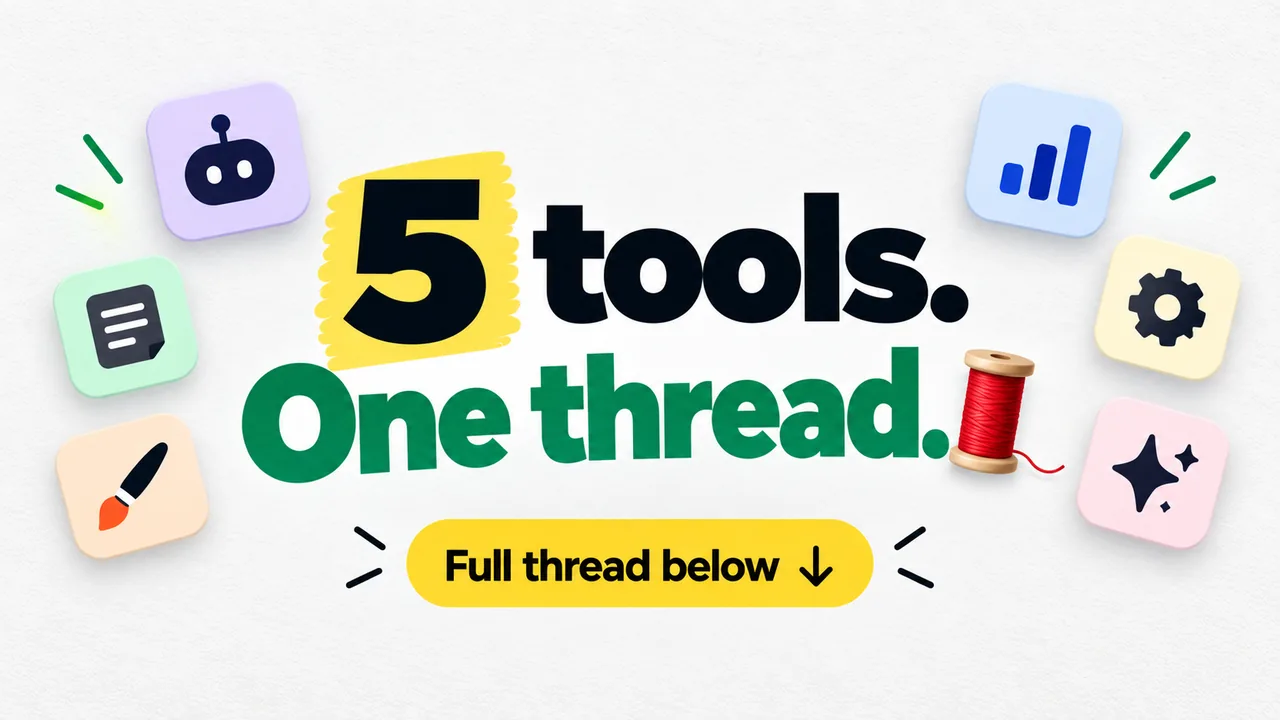 An X post made with the pack reading "5 tools. One thread.", ringed by illustrated app tiles and a spool of thread.