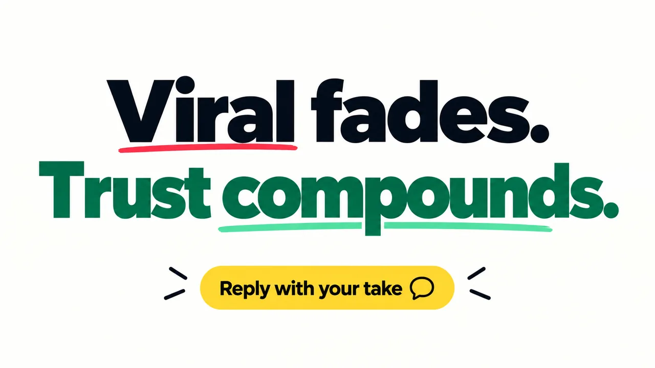 An X post created with GrabPrompts reading "Viral fades. Trust compounds.", with a "Reply with your take" call to action.