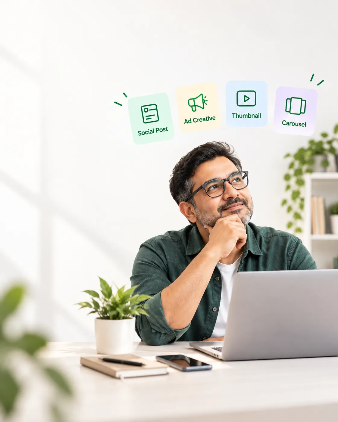 A person at a laptop with four floating cards — Social Post, Ad Creative, Thumbnail and Carousel — the kinds of creatives GrabPrompts makes.